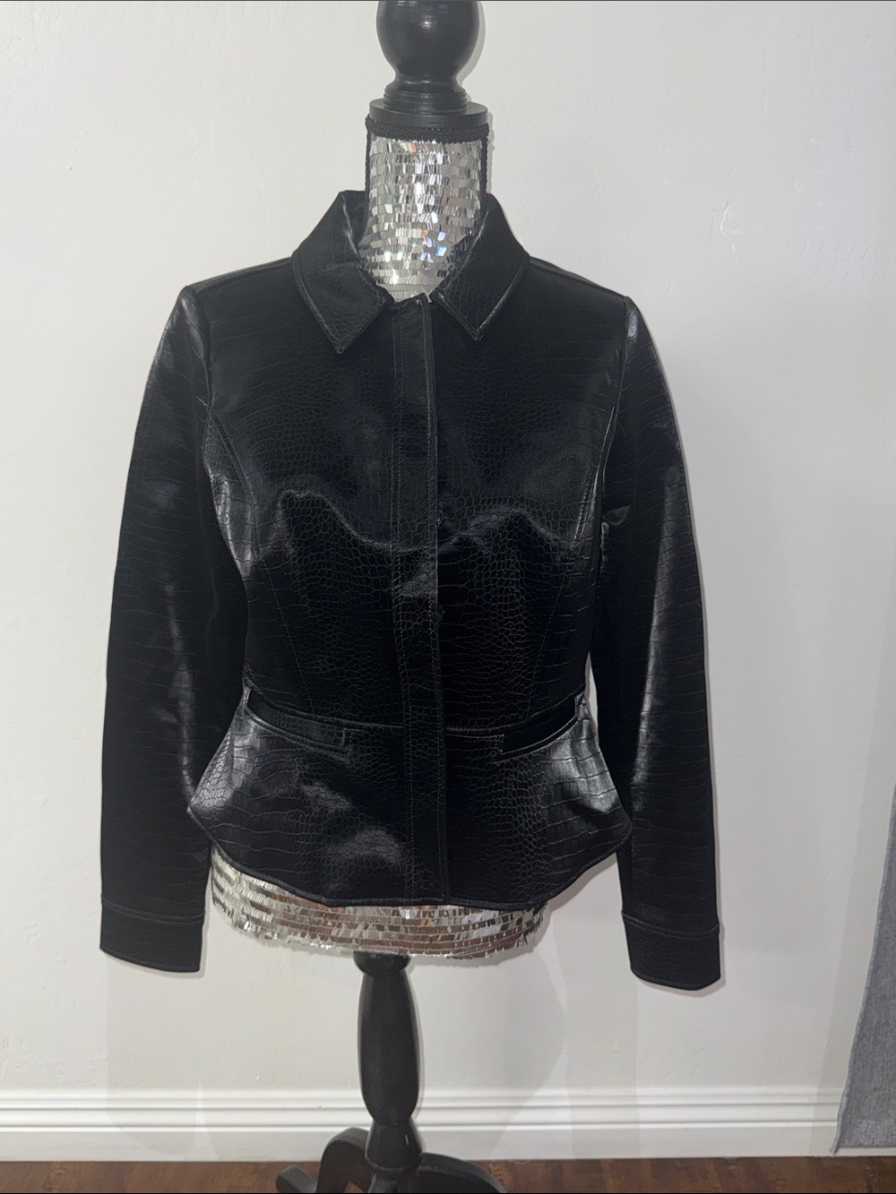 White House Black Market Black Croc-Embossed Faux Leather Jacket